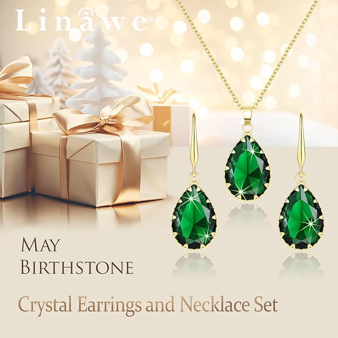 Linawe Crystal Jewelry Sets for Women, Imitation Diamond Pendant Necklace, Rhinestone Drop Dangle Earrings, Birthstone Cubic Zirconia Matching Wedding Jewelry, 14K Gold/Rose Gold/Silver Tones