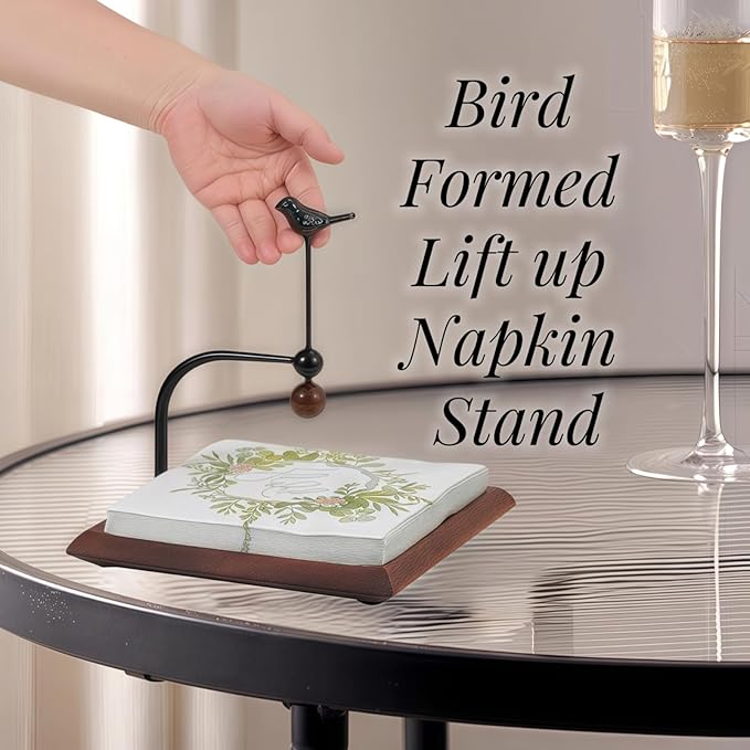 Bird Napkin Holder for Table, Premium Solid Wooden Flat Napkin Dispenser, Vintage Square Cocktail Paper Hand Towel Stand, Suitable for Restaurant Farmhouse Hotel Kitchen Bathroom Bar Room Decor