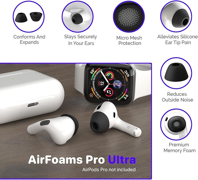 Patented AirFoams Pro Ultra V5.0 Memory Foam Ear Tips with Foam Shield for AirPods Pro 1st & 2nd Gen, Latest Version, Lifetime Replacement, Secure, Comfortable, Replacement Tip (SML)