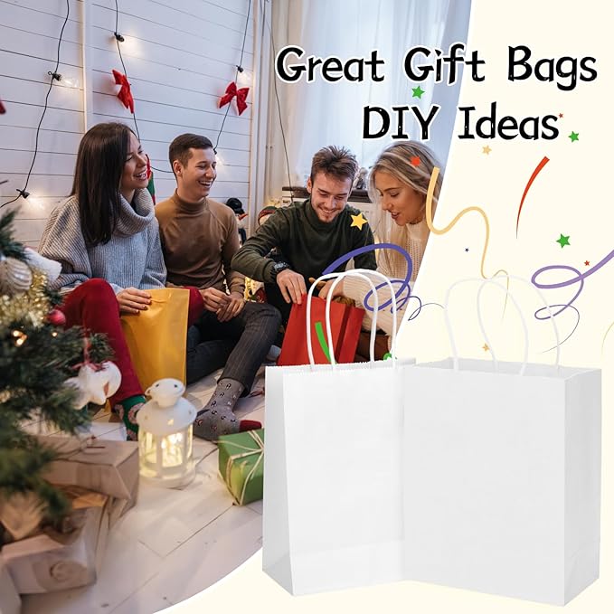 MOZRRO Gift Bags, 100 Pack 10.5x8.5x4.5 Inch, Paper Bags with Handles, Medium Size, White Gift Bag for Birthday, Wedding, Bulk, Party, Lunch, Goodie
