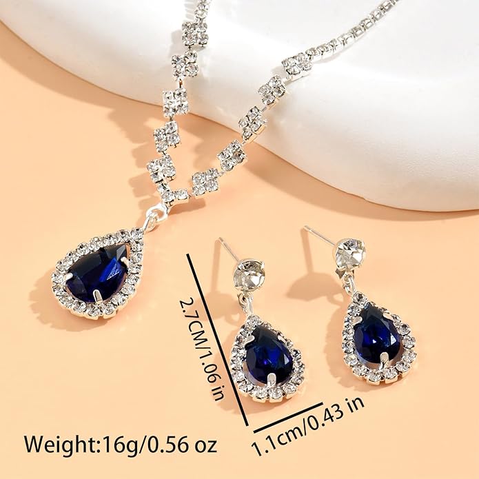 Sparkling Teardrop Halo Bridal Necklace Earrings Set For Women Statement Classic Silver Colors Adjustable Choker Style Chain