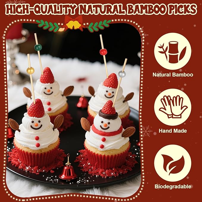 200PCS Christmas Cocktail Picks, Fancy Bamboo Toothpicks for Appetizers Drinks Food Fruit, 4.7 IN Wooden Pearl Skewers Charcuterie Sticks, Christmas Party Supplies Decorations (Red/Green/Gold/Silver)