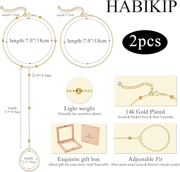 Valentine Gift 14K Gold Plated Hand Chain Bracelet for Women Trendy, 2 Pcs Stackable Gold/Silver Finger Ring Bracelet Hand Chain Dainty Non Tarnish Waterproof Set Jewelry Adjustable 7'+2