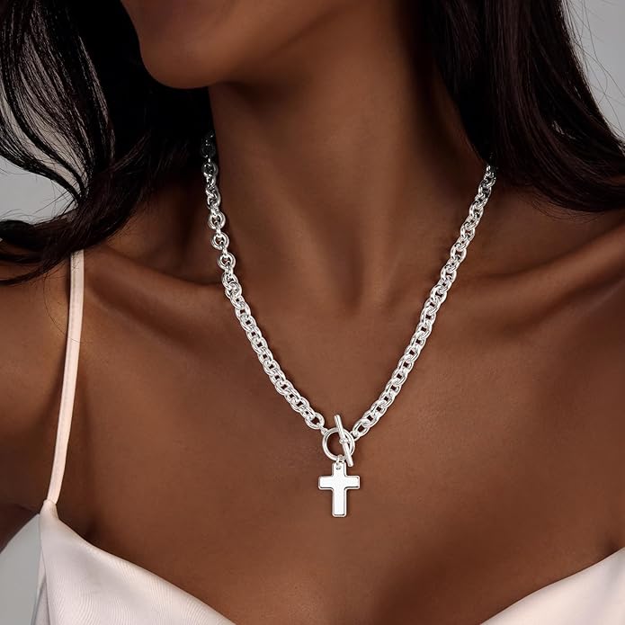 Zeffy 14K Gold/Silver Plated Chunky Thick Chain Toggle Clasp Necklace Dainty Baroque Pearl/Heart/Cross/Turquoise Pendant Necklace