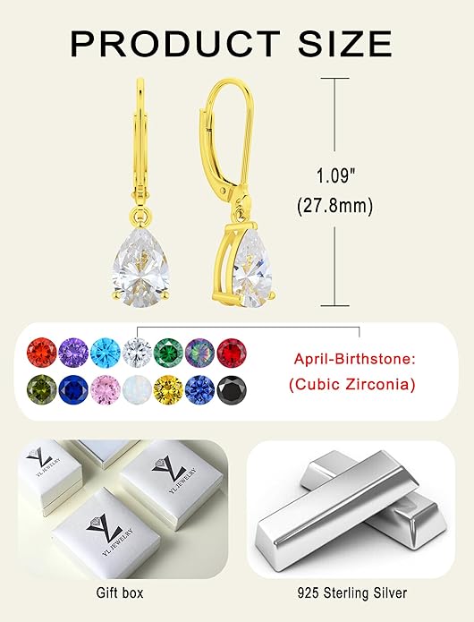 YL 925 Sterling Silver Teardrop Dangle Drop Earrings for Women 7x10 MM Solitaire Birthstone Leverback Jewelry