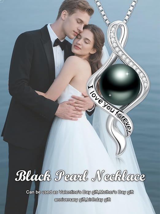 Tahitian Black Pearl 18K White Gold Plated Sterling Silver Heart/Infinity/Four Leaf Clover Pendant Necklace Jewelry Gifts for Women Wife Mom Girlfriend Wedding Birthday Anniversary Christmas