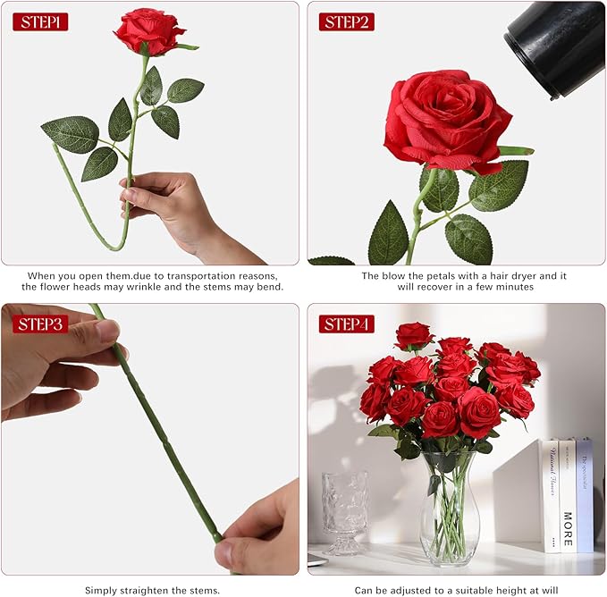 Tifuly 50pcs Red Roses in Bulk, Realistic Long Stem Fake Silk Roses Bouquet for Wedding Centerpiece Table Party Home Kitchen Decor