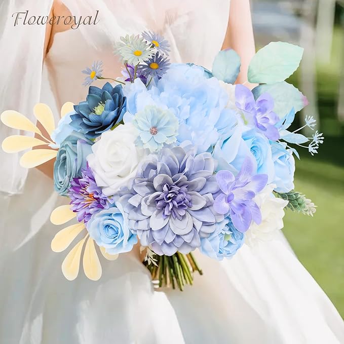 Floweroyal Artificial Flowers Combo Purple Flowers Mix Silk Flowers Dahlia Roses with Stems for DIY Wedding Bridal Bouquets, Baby Shower, Floral Arrangement, Table Centerpieces, Home Decorations.