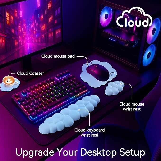 Cloud Wrist Rest for Computer Keyboard, 4-in-1 Memory Foam Leather Cloud Keyboard Wrist Rest and Mouse Pad Set with Ergonomic Support for Arm and Palm Cushion, Gaming/Work Setup, Blue