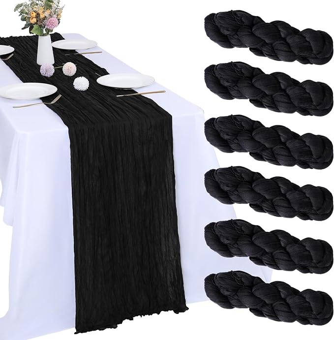 6 Pack Black Table Runner Cheesecloth 10FT Boho Gauze Fabric Table Runner 35 x 120 Inch Rustic Sheer for Centerpiece Wedding Decor Baby Shower Party Boho Decoration(Black)