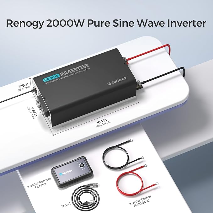 Renogy Inverter PUH 2000 watt Pure Sine Wave Inverter, Built-in Transfer Switch and Bluetooth, Car Power Inverter 12V to 120V AC Converter for RV, Truck, Camping, Home, Emergency, Off-Grid Living