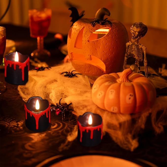 GenSwin Halloween Black LED Votive Candles with Long Lasting CR2450 Batteries, Votive Flameless Flickering Candles Battery Operated with 6H Timer, 6Pcs Real Wax Black and Red Candle for Home Decor