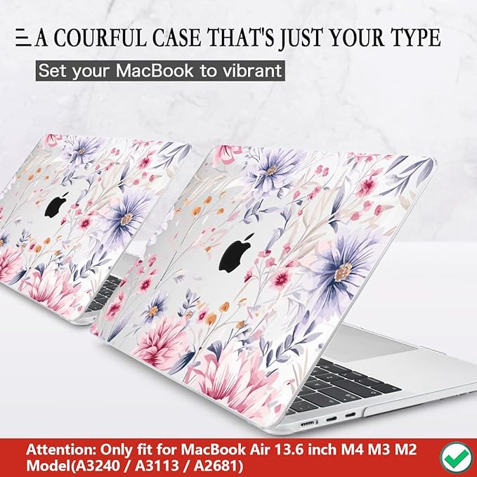 CISSOOK Flower Case for MacBook Air 13.6 Inch M4 M3 M2 Chip Model A3240 A3113 A2681, Plastic Shell Cover with Keyboard Cover Screen Protector for MacBook Air 13 2022-2025, Flowers Watercolor