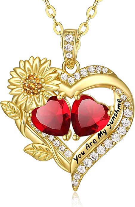 Sunflower Heart Necklace for Women 14K Gold Exquisite Valentines Day Anniversary Birthday Gifts for Wife Mother Her Double Birthstone Pendant Jewelry‘You Are My Sunshine’