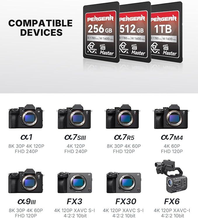 Pergear 256GB CFexpress 4.0 Type A Memory Card (2-Pack),Up to 1780MB/S Read Speeds,USB4.0(PCIe 4.0),Raw,8K 30P Record,Compatible for Sony Camera,ILME-FX3,ILME-FX6,ILME-FX30(Black Silver Master Series)