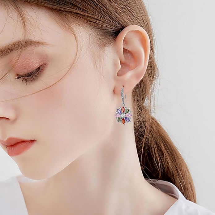 VONSSY Colorful Snowflake Pendant Necklace Earrings Rose Gold 5A Cubic Zirconia | Crystal Sweater Chain | Multi Gemstone Garnet Amethyst Morganite Peridot Prom Rhinestone Necklaces for Women Vintage Stylish Gift