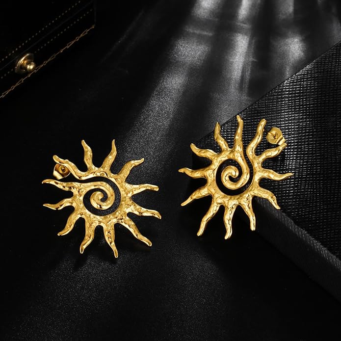 Vintage Gold Statement Stud Earrings, Stainless Steel Chunky Drop Dangle Thick Earrings, Geometric Design with Pearl Accents, Textured Sun Round Heart Pattern for Women