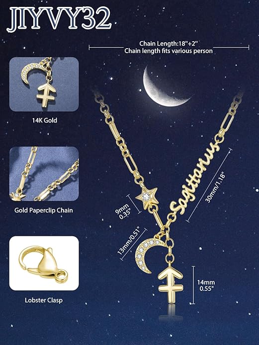 14K Gold/Rose Gold Zodiac Necklace for Women - Horoscope Constellation Pendant with Moon and Star, Luxury Birthday Gifts Jewelry for Her (12 Zodiac Signs)