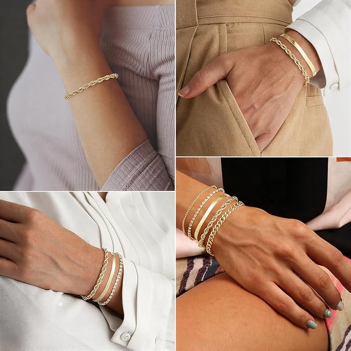 Emibele Gold Bracelets for Women, Dainty Adjustable 14K Gold Plated Bracelet Stack, Elegant Beaded Link Chain Bracelet Sets, Jewelry Gifts for Women