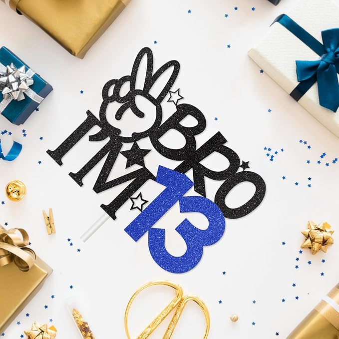 Bro I'm 13 Cake Topper, 13th Birthday Decorations for Boy, Glitter Funny 13th Birthday Cake Topper, Big Brother 13 Year Old Birthday Party Decoration Supplies