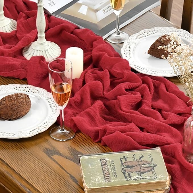 Artoid Mode Boho Red Gauze 6 Pieces Wedding Table Runner, 120 Inch Birthday Fabric Kitchen Dining Holiday Table Decor for Home Party Indoor