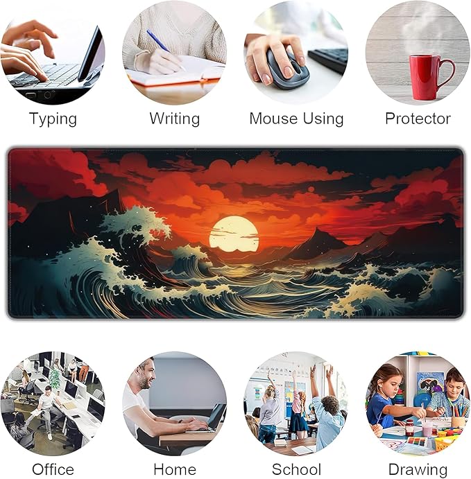 Japanese Sea Wave Large Mouse Pad,Gaming Keyboard Desk Pad,Extended Mouse Mat Non-Slip Rubber Base with Stitched Edges for Office Game Home XL 31.5"x11.8"
