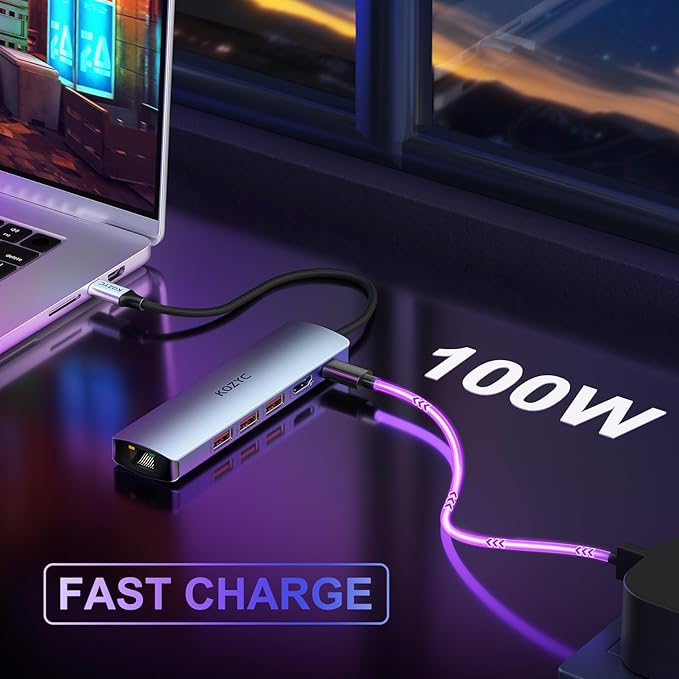 USB C Hub Ethernet, KOZYC 6-in-1 USB C Hub with 10Gbps, HDMI 4K 60Hz, 1Gbps Ethernet, 3xUSB-A 3.2, 100W PD Compatible with MacBook Air/Pro, XPS13/15, Dell