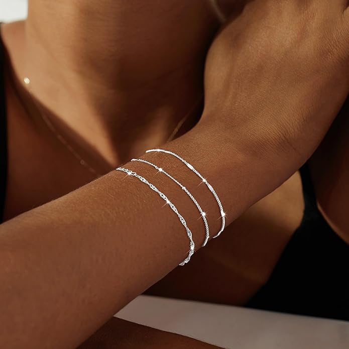 DEARMAY Dainty Silver Plated Bracelets for Women Trendy, Silver Jewelry Set for Women Bracelets for Women Paperclip Box Herringbone Figaro Rope Chain Bracelet Fashion Pack Gifts for Women