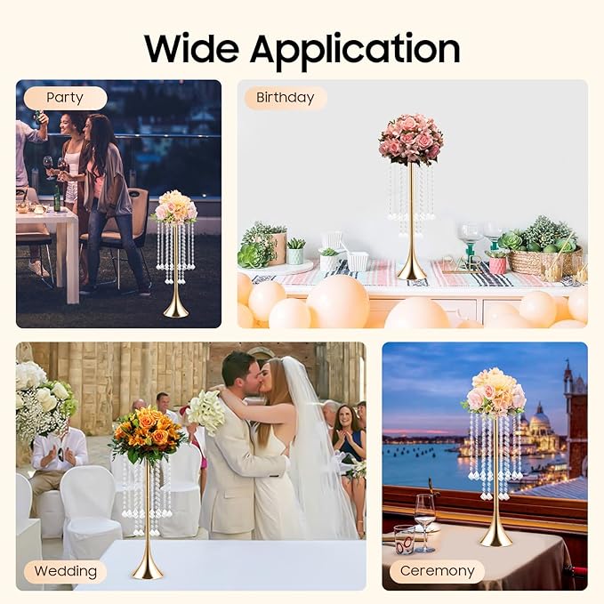 Wedding Centerpieces Gold Vases,10PCS Metal Flower Candle Holder with Sparkling Crystal Beads,Crystal Flower Vase Metal Flowers Stand for Party Tables Decorations (Gold 10PCS Height 21.9in)