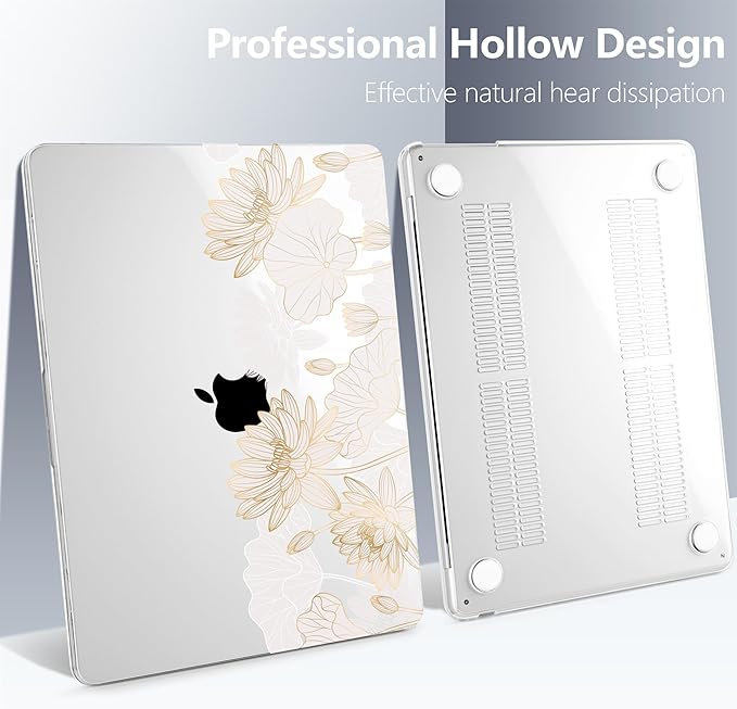 Batianda Premium Case for New MacBook Air 15 inch 2025 M4 2024 2023 with M3 M2 Chip Model A3241/A3114/A2941, Designed Protective Plastic Hardshell & Keyboard Cover & Screen Protector, Gold Lotus