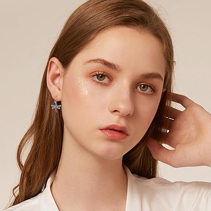 ONEFINITY Dragonfly Earrings 925 Sterling Silver Moonstone Leverback Dragonfly Dangle Drop Earrings Women Jewelry Gifts