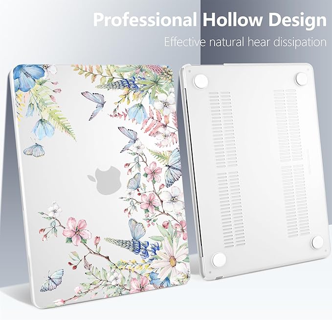 Batianda Premium Case for New MacBook Air 15 inch 2025 M4 2024 2023 with M3 M2 Chip, Designed Protective Plastic Hardshell & Keyboard Cover & Screen Protector, Butterfly and Flower