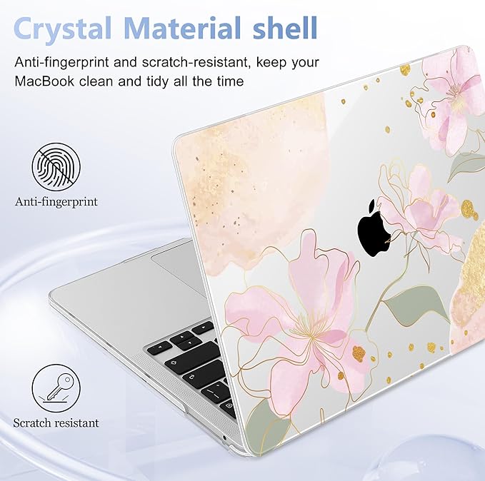 Case for MacBook Pro 13 inch with/Without Touch Bar (2016-2022, M2 A2338 M1 A2289 A2251 A2159 A1989 A1706 A1708), Hard Shell + Keyboard Cover + Dust Plug - Gold Blossom Flowers