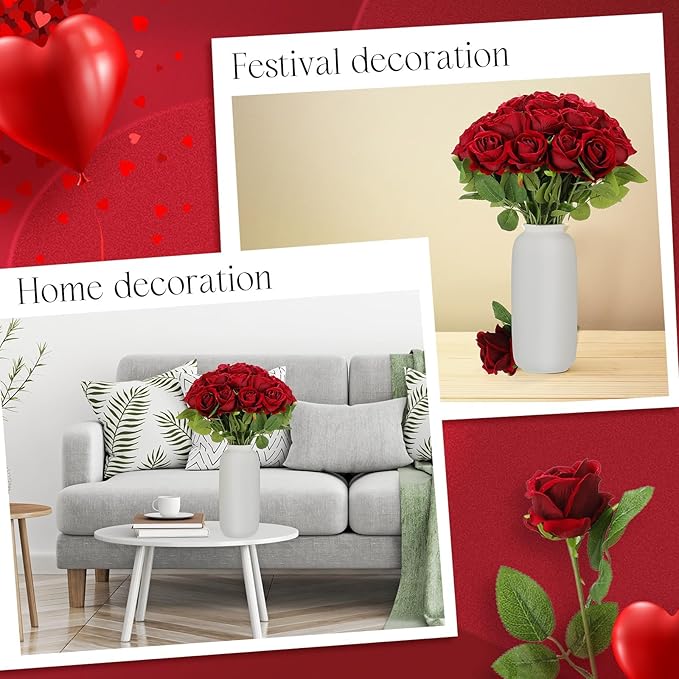 Hotop 80 Pcs Rose Artificial Flowers Bulk with Long Stem, Silk Roses Realistic Fake Flowers Bouquet for Wedding Table Centerpieces Bridal Shower Party Home Decorations(Burgundy)