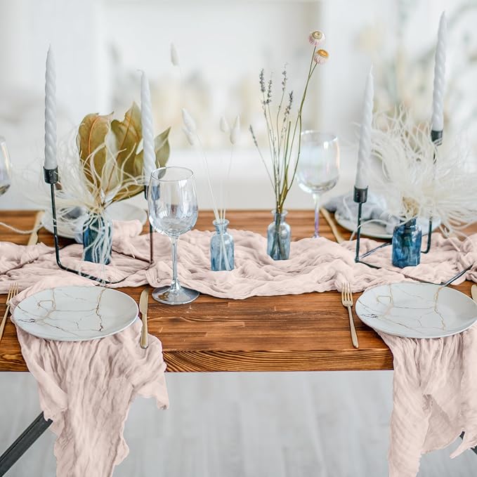 Cheesecloth Table Runner 3 Pack – 35x120 Inch (10ft) Boho Rustic Gauze Cloth Runners – Crinkle Polyester Table Decor for Wedding, Baby Shower, Bridal Shower, Birthday Party and More (Dusty Pink)