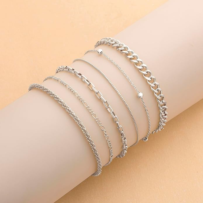 DEARMAY Dainty Silver Plated Bracelets for Women Trendy, Silver Jewelry Set for Women Bracelets for Women Paperclip Box Herringbone Figaro Rope Chain Bracelet Fashion Pack Gifts for Women