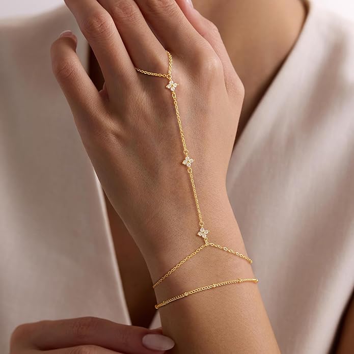 Valentine Gift 14K Gold Plated Hand Chain Bracelet for Women Trendy, 2 Pcs Stackable Gold/Silver Finger Ring Bracelet Hand Chain Dainty Non Tarnish Waterproof Set Jewelry Adjustable 7'+2