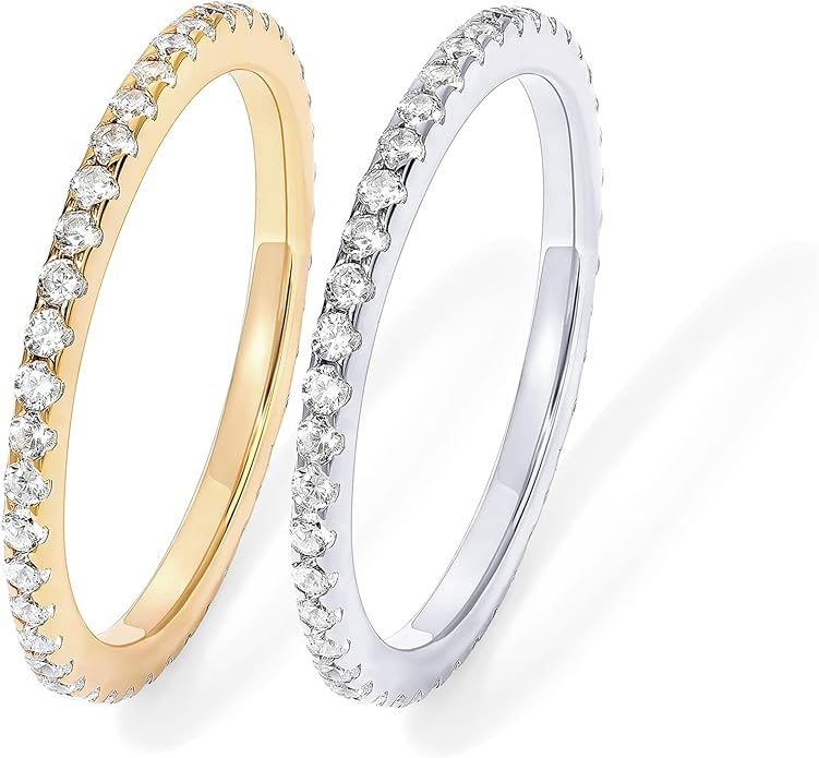PAVOI 14K Gold Plated Solid 925 Sterling Silver CZ Simulated Diamond Stackable Ring Eternity Bands for Women