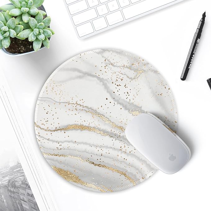 ITNRSIIET Round Mouse Pad with Stitched Edge Premium-Textured Waterproof Non-Slip Rubber Base Desktop Protection Mat Diameter 8.7 inches, Gray Gold Marbling