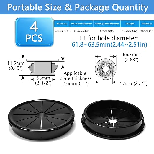 4 Pcs Cable Grommet, Snap Bushing 2-1/2" (63 mm) Mounting Diameter, Flexible Petal-Shaped Buckle Round Nylon Desk Grommet for Wires Through Countertop Cord Organizer and Protection, Black