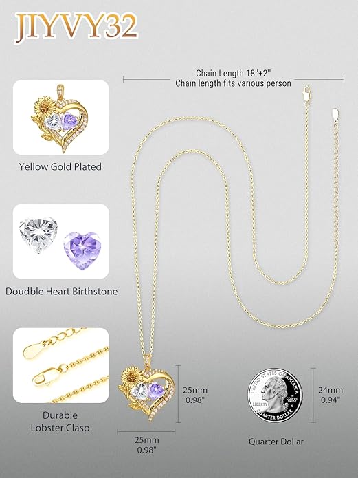 Sunflower Heart Necklace for Women 14K Gold Exquisite Valentines Day Anniversary Birthday Gifts for Wife Mother Her Double Birthstone Pendant Jewelry‘You Are My Sunshine’