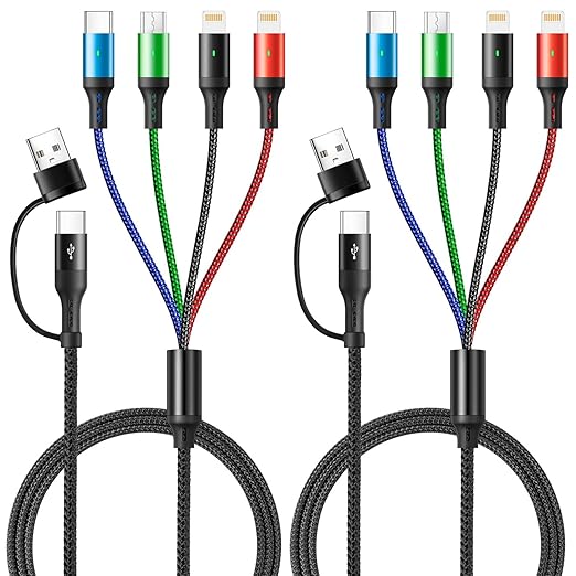 5 in 1 Multi Charging Cable 3.5A, Multi Fast Charging Cord USB A/C to Type C/Micro USB/Lightning Universal Braided Charger Cable,Multi Charger for Cell Phones,iPhone,Galaxy (2, Black, 4Feet)