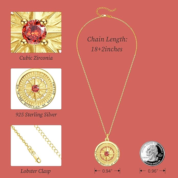 KINGWHYTE Graduation Gifts Birthstone Necklace for Women 925 Sterling Silver Compass Pendant Go in the Direction of your Dream Travel Jewelry Birthday Gift for Her