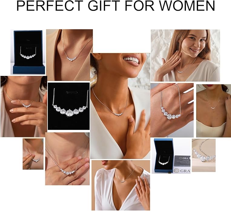 TUHE 7 Stones Moissanite Necklace for Women, 1.7-5.0 Carat Smile Moissanite Pendant Necklace 18k Gold Plated Sterling Silver 16.5+2.5 inch Box Chain Tennis Necklaces with Certificate of Authenticity