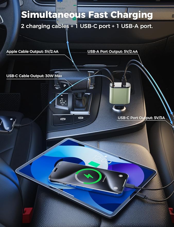 【Upgraded】 SUPERONE Retractable Car Charger 4 in 1, Fast Car Phone Charger with Cord 2.6ft, USB C and Apple Car Charger Adapter, Compatible with iPhone 15/15 Pro Max/14/13/12/11, Galaxy, Pixel