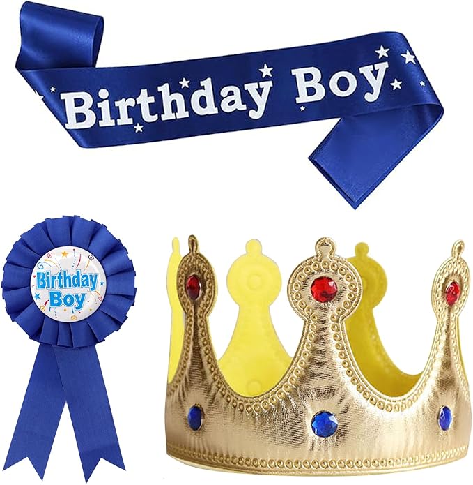 Birthday Boy Sash Hat Button Pin Accessory, Birthday King Crown Party Set, Photo Props for Boys' Theme Party Decoration