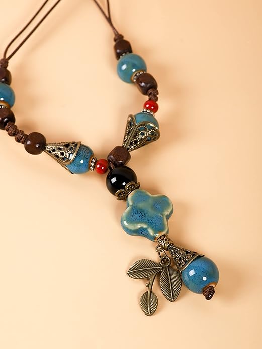 MINACHI Vintage Bohemian Ethnic Colorful Ceramic Bead Long Y Necklace, Hippie Boho Summer Fashion Jewelry Gift for Women