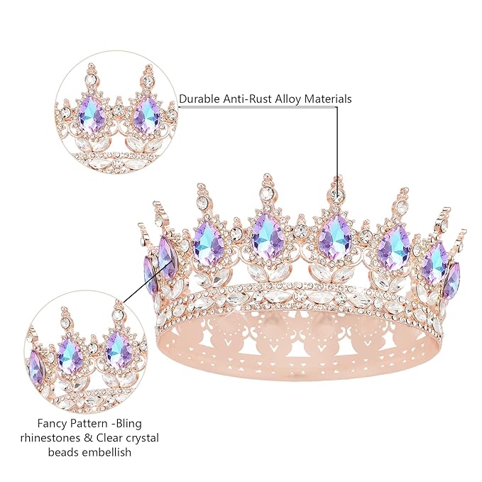 Queen Crown Rhinestone Wedding Crowns and Tiaras for Women Costume Party Hair Accessories Princess Birthday Crown Crystal Bridal Crown (Rose Gold Crown-Violet)