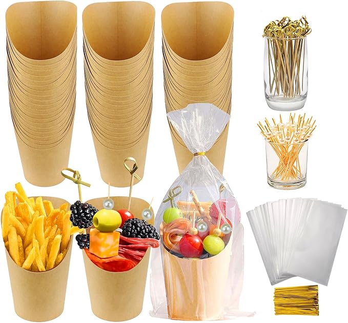 60 PCS 14 oz Disposable Charcuterie Cups Set with 200 Cocktail Skewers, 60 Portable Bags, 60Labels, Individual Brown Kraft Paper Appetizer French Fry Holders Snack Boxes for Parties