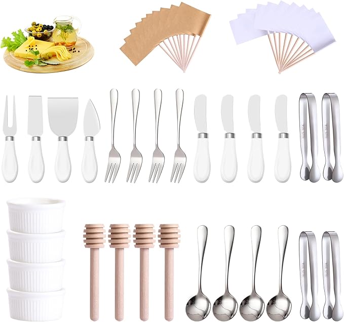 Charcuterie Boards Accessories(29 PCS) Cheese Spreaders for Charcuterie Board Mini Serving Spoon Fork Tongs Blank Toothpick Flags Bowl